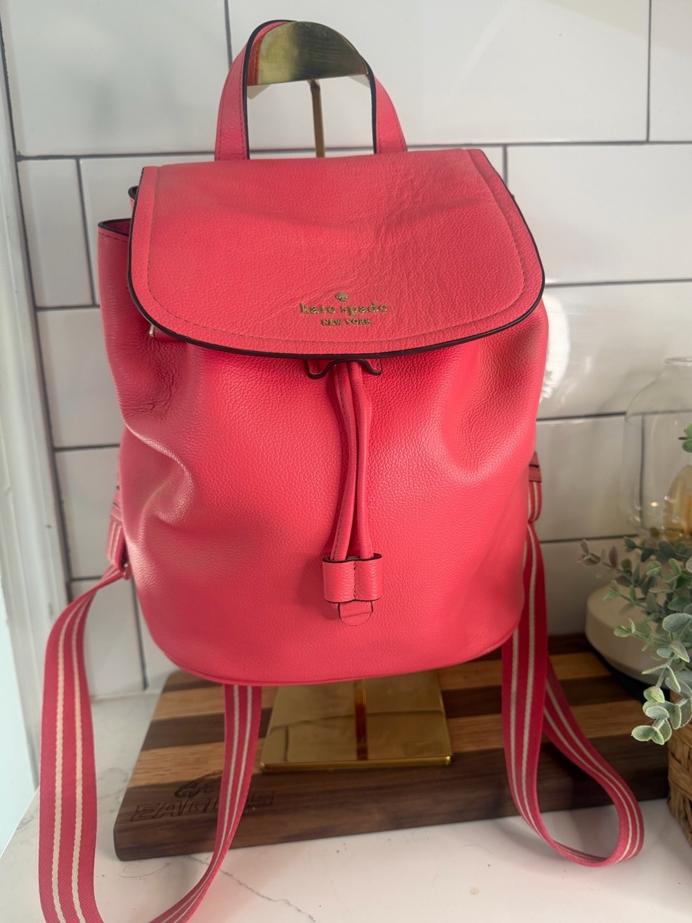 kate spade salmon Pink Leather Drawstring Backpack with Striped Straps